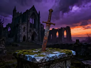 Kamienny ołtarz w mrocznym lochu z magicznym zwojem i mieczem, symbolizujący rozwój postaci w świecie Gothic.