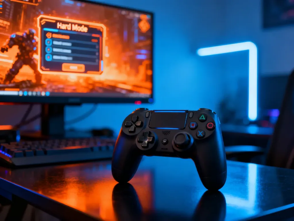 Nowoczesny kontroler do gier na biurku, w tle ekran z wyborem poziomu trudności „Hard Mode”.