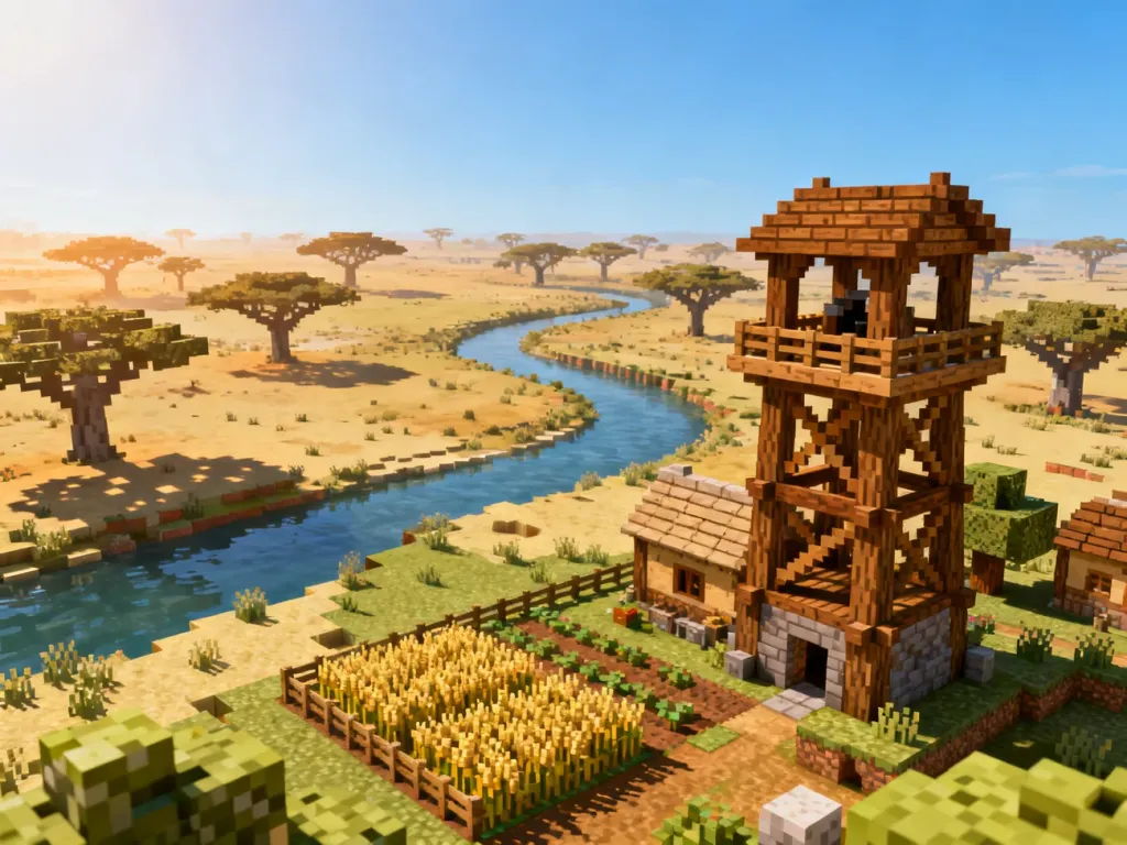 Drewniana wieża strażnicza i farma w wiosce Minecraft położonej w biomie sawanny w blasku porannego słońca.