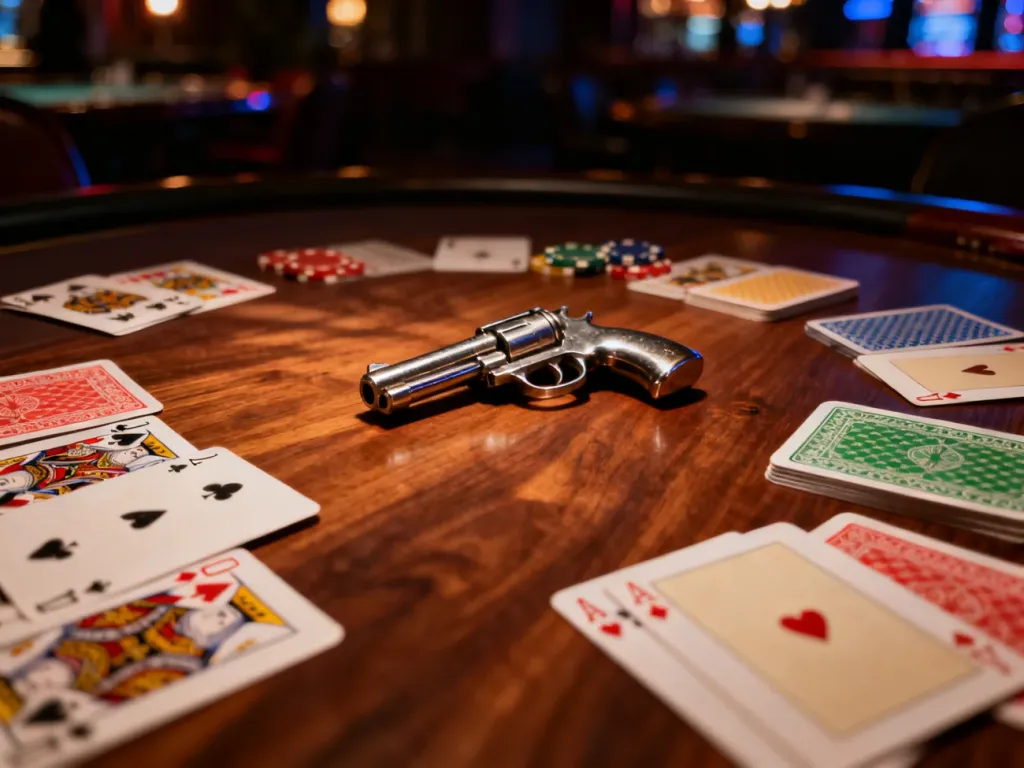 Karty do gry i żetony kasynowe na drewnianym stole, ilustrujące strategię i analizę ruchów przeciwnika w pokerze.