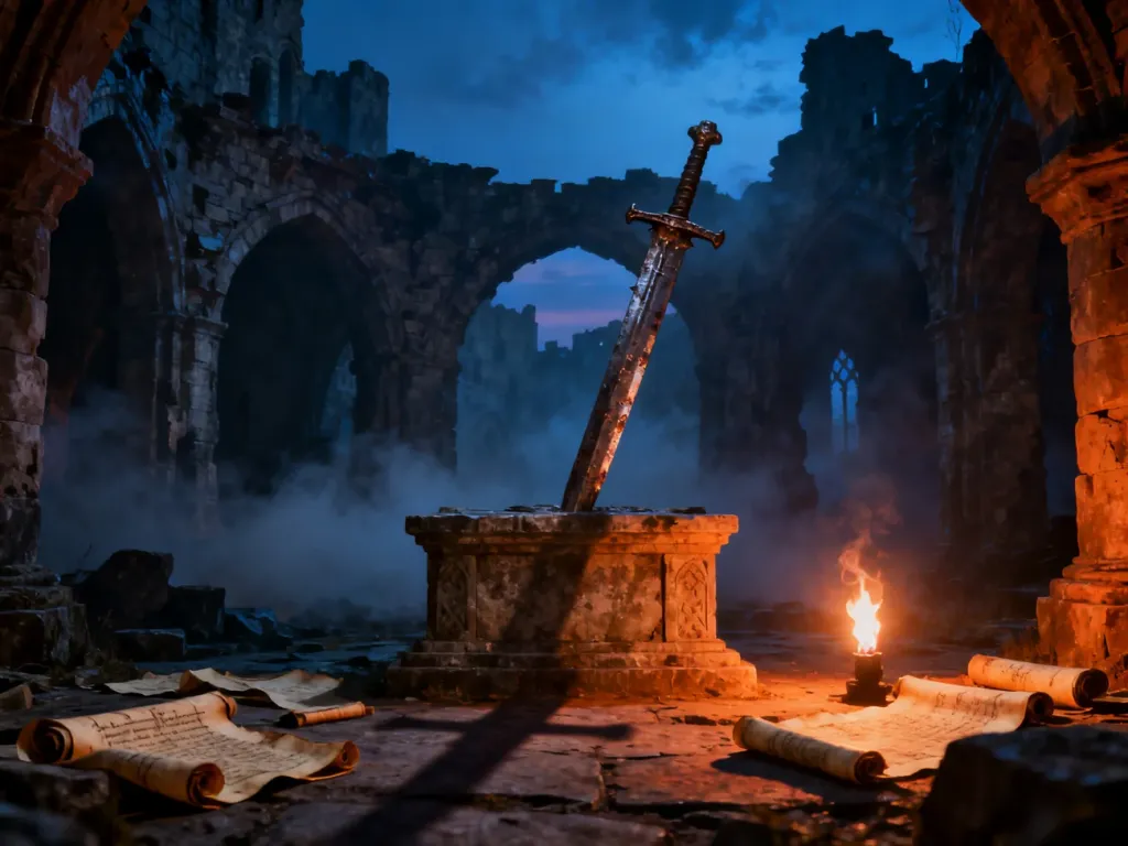 Zardzewiały miecz wbity w kamienny ołtarz pośród ruin, otoczony zwojami i pochodnią w mrocznej, gotyckiej scenerii.