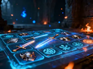 Rozłożone na drewnianym stole karty do gry w klimacie fantasy, tworzące strategiczną atmosferę karcianki typu control.