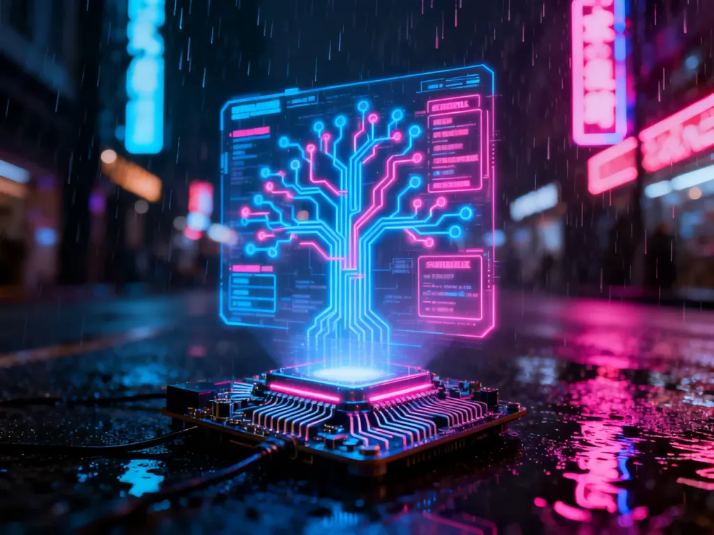 Holograficzny interfejs drzewka umiejętności z cyfrowym procesorem na tle neonowego, deszczowego miasta w stylu cyberpunk.