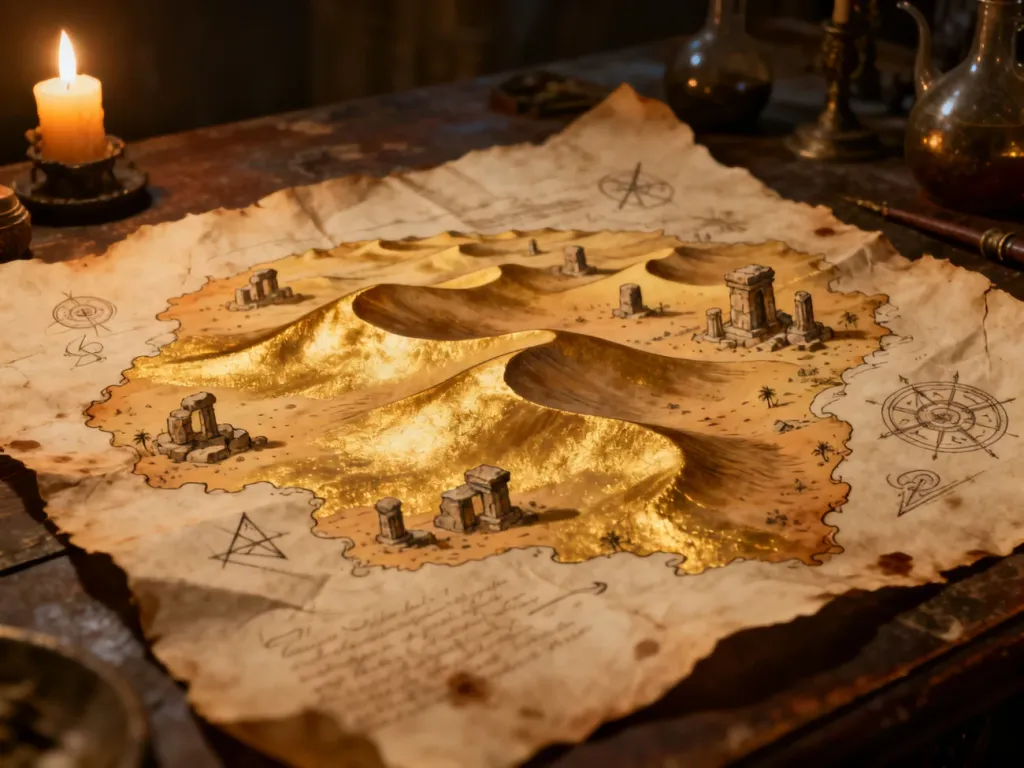 Ręcznie rysowana mapa pustyni Adanosa na starym pergaminie, przedstawiająca wydmy i ruiny w klimacie gry Gothic 2.