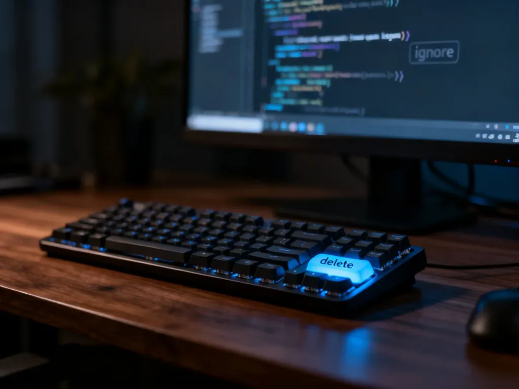 Podświetlony klawisz „delete” na klawiaturze mechanicznej oraz kod z elementami do zignorowania na monitorze.