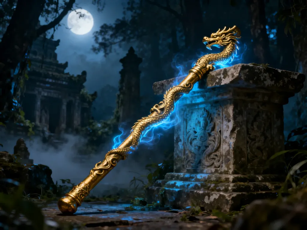 Zdobiony, magiczny kostur oparty o kamienny ołtarz w mrocznym lesie, symbolizujący mistyczną moc w grze Black Myth: Wukong.