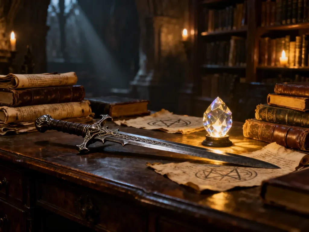 Mroczne wnętrze średniowiecznej biblioteki z magicznym kryształem i mieczem na biurku, nawiązujące do świata gry Gothic.