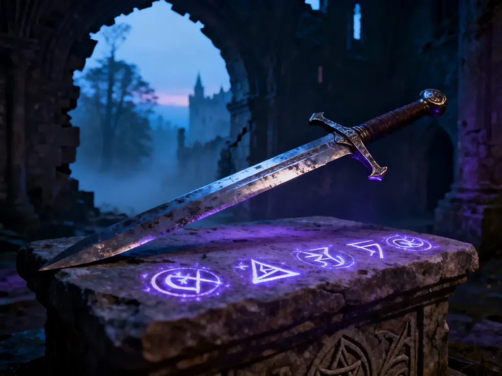 Starożytny miecz na kamiennym ołtarzu z magicznymi runami w mrocznych ruinach zamku, nawiązujący do klimatu Gothic 2.