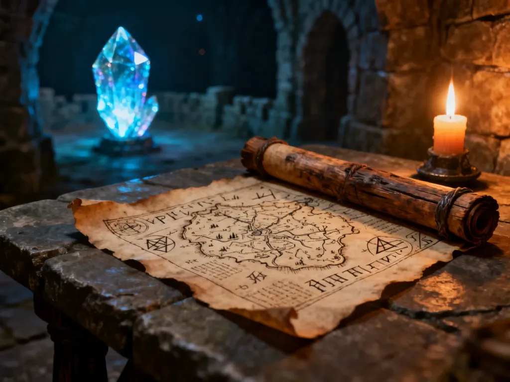 Stary zwój z mapą i runami leżący na kamiennym stole w mrocznej twierdzy, symbolizujący wiedzę magiczną w grze Gothic 2.