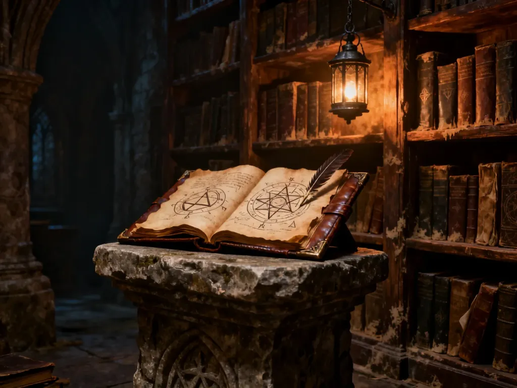 Otwarty zwój z magicznymi runami na kamiennym postumencie w klimatycznej bibliotece pełnej starych ksiąg.