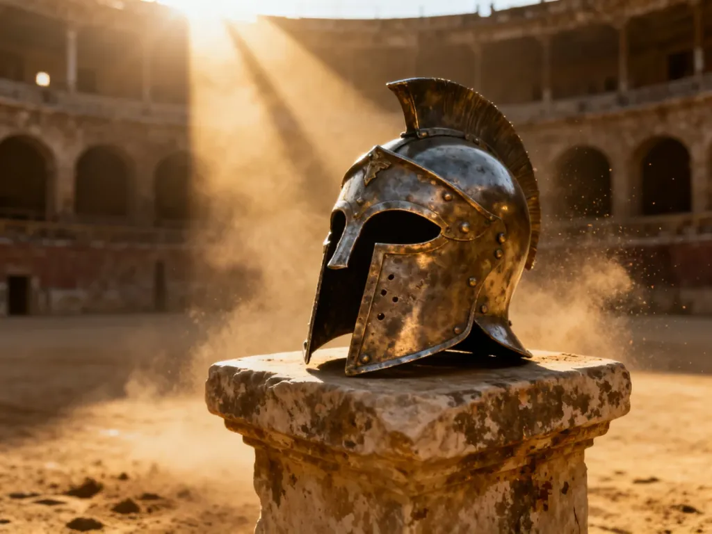 Szczegółowy hełm gladiatora na kamiennym postumencie w mrocznej arenie, podkreślający klimat antycznych walk.