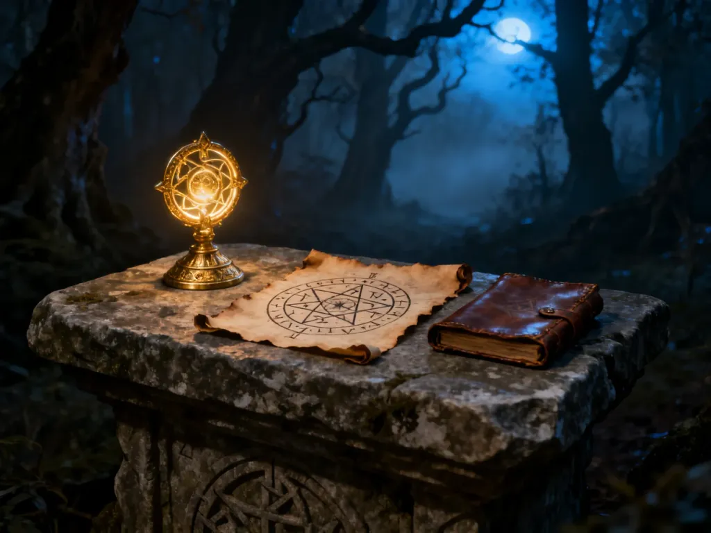 Zniszczony kamienny ołtarz z magicznym artefaktem i runicznym zwojem w mrocznym, klimatycznym lesie z gry Gothic 2.