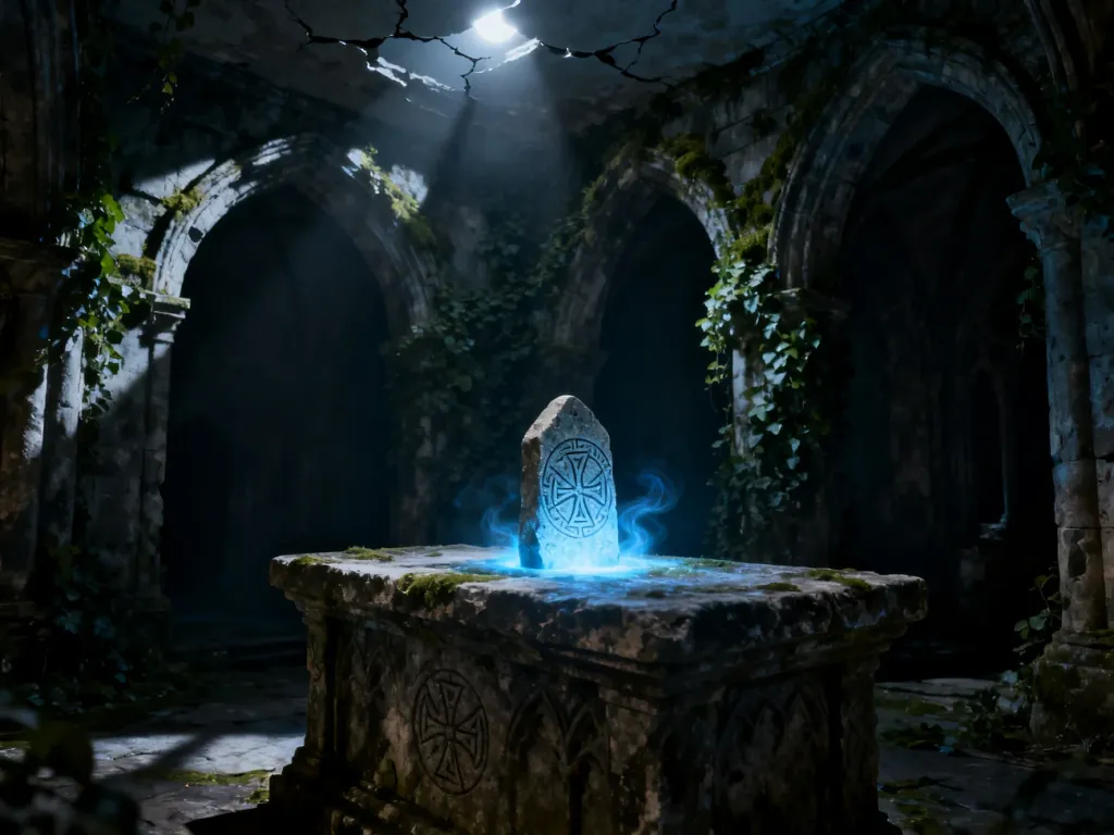 Świecący magiczny runiczny kamień na starym ołtarzu w mrocznych, gotyckich ruinach z gry Gothic 2.