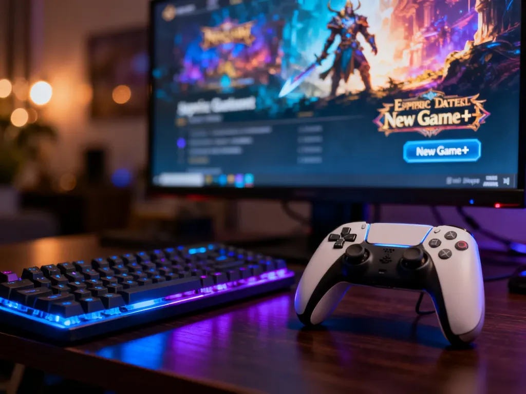 Nowoczesne stanowisko gracza z podświetlaną klawiaturą i padem, a w tle monitor z widoczną opcją New Game+.
