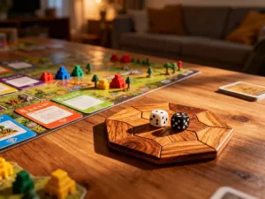 Drewniana osada z gry Catan oraz karty surowców na rustykalnym stole, w tle rozmyta plansza z heksagonalnymi polami.