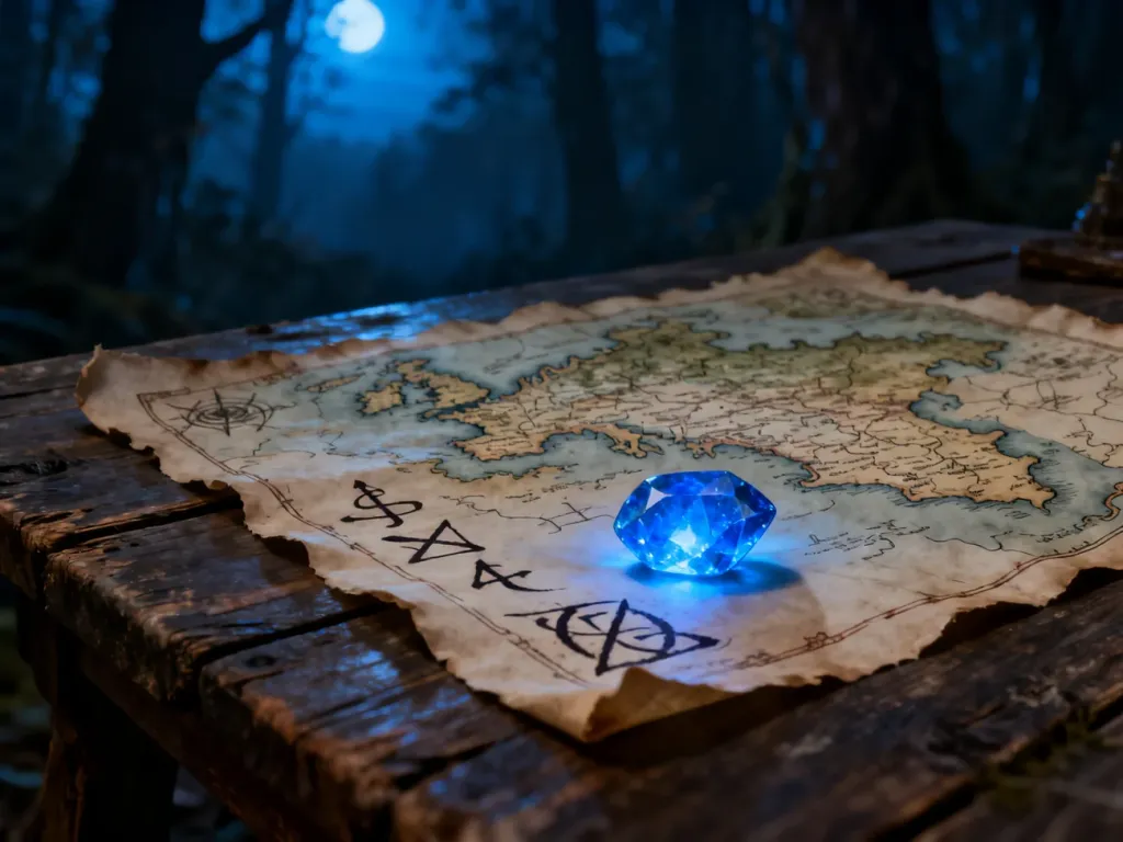 Mapa świata fantasy z magicznym kryształem na drewnianym stole, nawiązująca do klimatu gry Gothic 3.