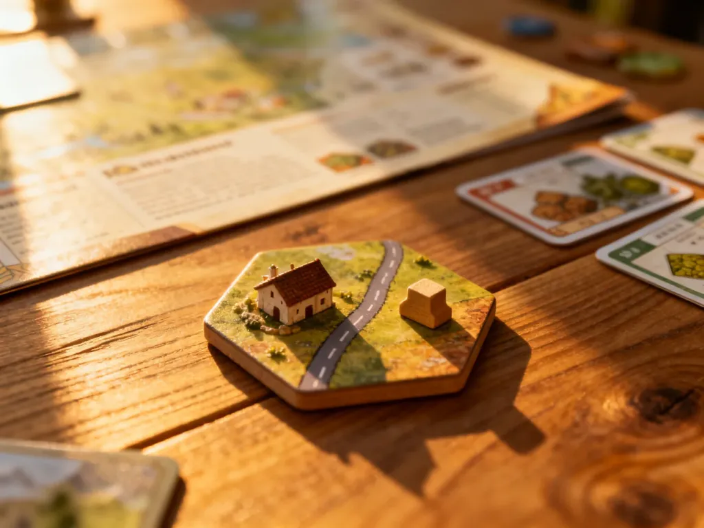 Drewniana plansza do gry w Catan z osadą i drogą na heksagonalnym polu surowców w ciepłym świetle słonecznym.