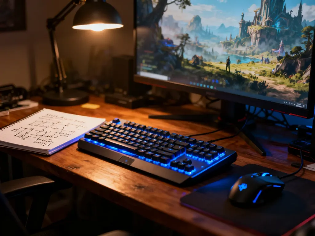 Stanowisko gracza z podświetlaną klawiaturą i notatkami, przygotowane do rozpoczęcia przygody w grze typu open-world.