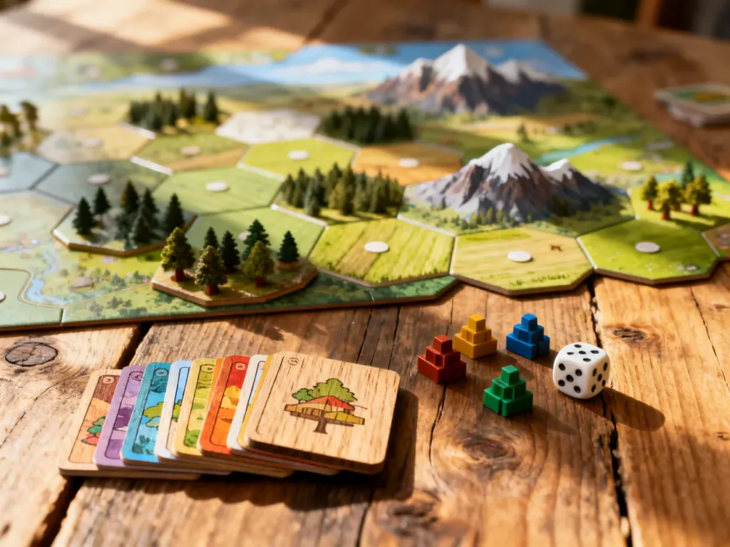 Drewniane elementy gry Catan, karty surowców i kości na rustykalnym stole, przygotowane do rozpoczęcia rozgrywki.