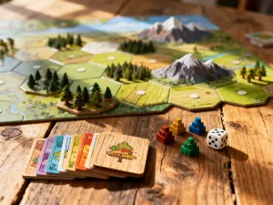 Karta do gry fantasy z magicznymi symbolami leżąca na drewnianym stole w klimatycznym, ciepłym oświetleniu.