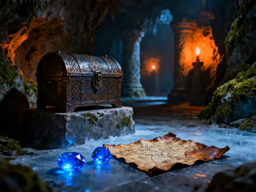 Ozdobna żelazna skrzynia w mrocznym lochu, otoczona magicznymi klejnotami dusz i mapą, symbolizująca cenne łupy w Skyrim.