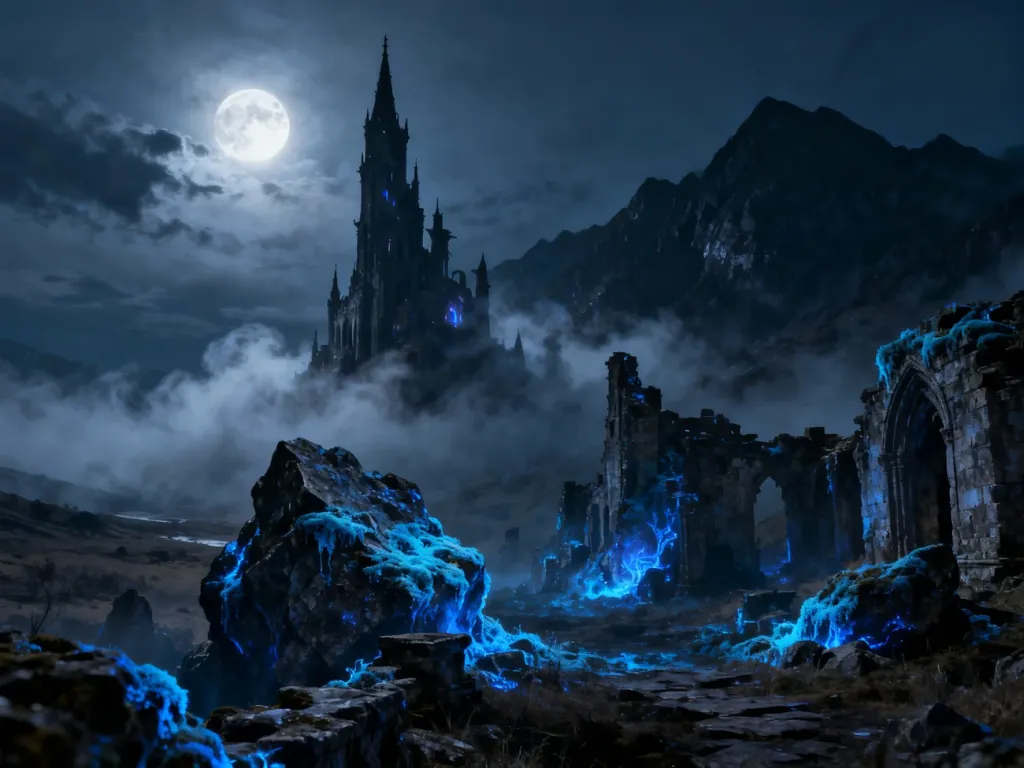 Mroczna, zrujnowana wieża twierdzy w Górniczej Dolinie otoczona gęstą mgłą i skalistym krajobrazem w stylu dark fantasy.